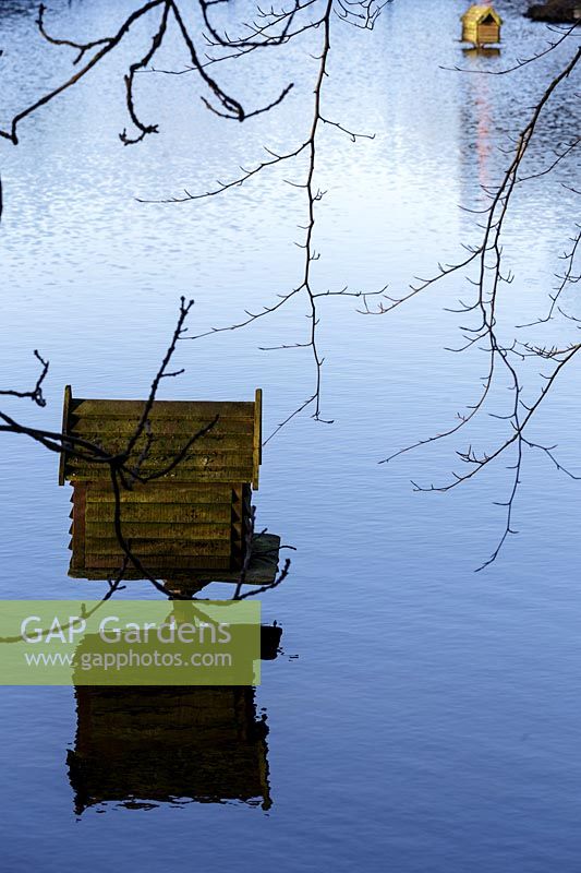 Duck house in lake at Kilver Court, Somerset, Designed by Roger Saul of Mulberry. 