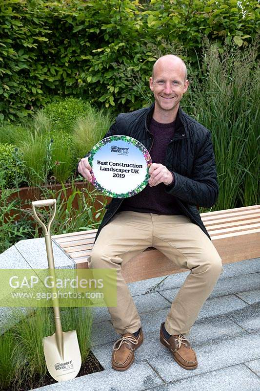 Dan Ryan, the Contractor with his 'Best Construction' award on 'High Line' garden at BBC Gardeners World Live 2019, based on the High Line Garden in New York 