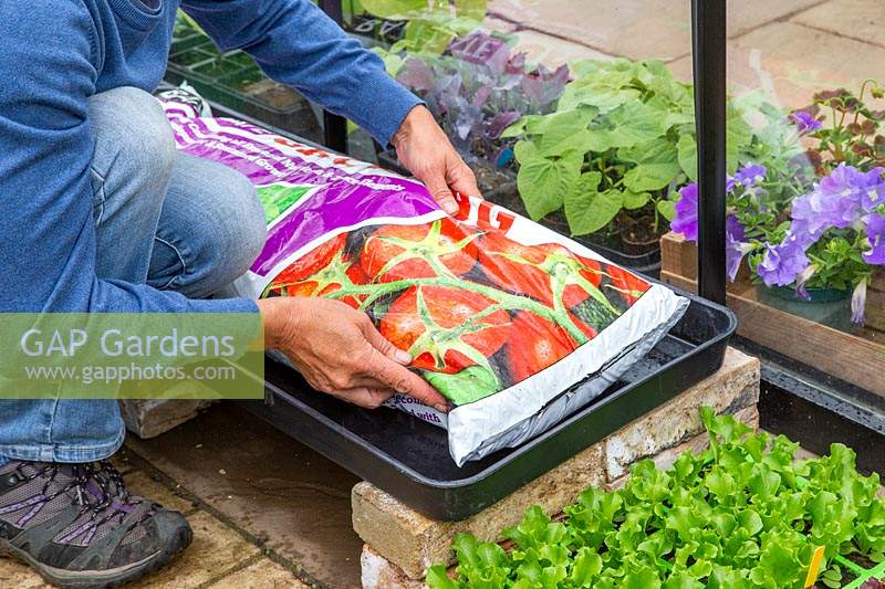 Woman loosening the compost inside the growbag and placing it in the plastic tray.


