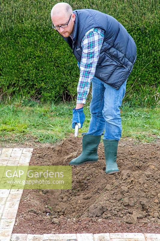 Man covering up the trench with newspaper, grass cuttings and manure with soil. 