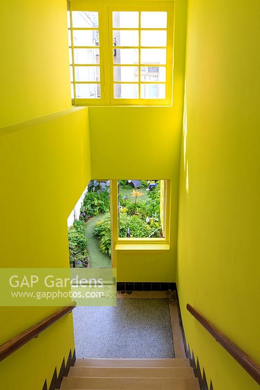 The courtyard garden at Droog, Amsterdam, The Netherlands, seen from the bright yellow interior corridor. Designed and created in 2012 by Claude Pasquer and Corinne DÃ©troyat. 