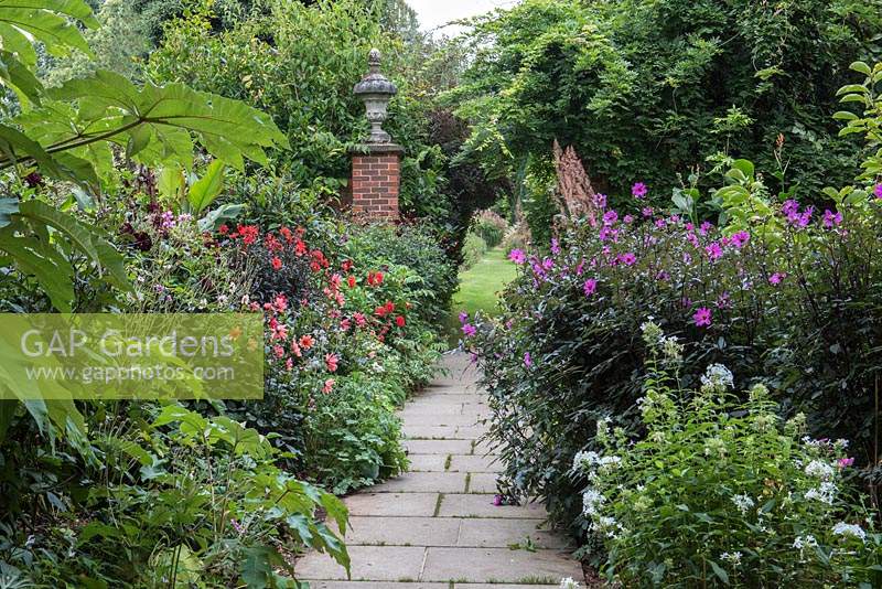 The Italian Garden. A stone path leads beside a tetrapanax and dahlias. On the left 'Mystic Enchantment' and 'Waltzing Mathilda'. On right Dahlia 'Magenta Star'.