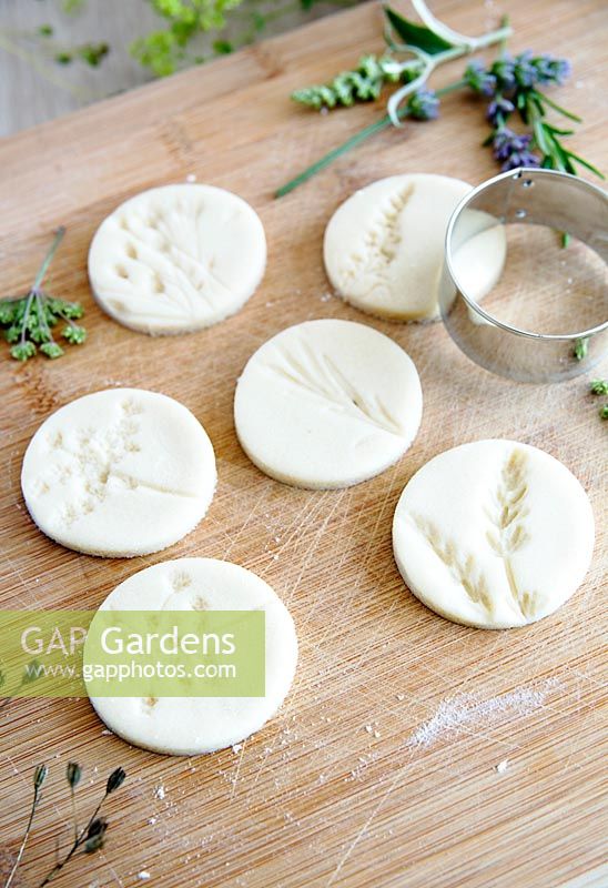 Salt dough with impressions left by pressed flowers cut into circular discs 