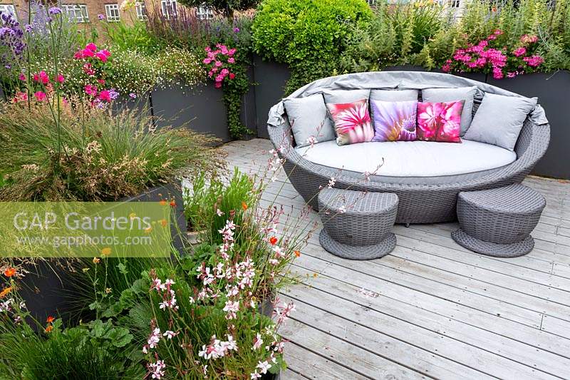 Roof terrace with wood decking and garden sofa with built in shade, with perennials and annuals forming a natural screen for privacy. Planting includes Gaura lindheimeri Whirling Butterflies, Juncus maritimus, Verbena bonariensis, Pink Bedding Geraniums, Geum Totally Tangerine.