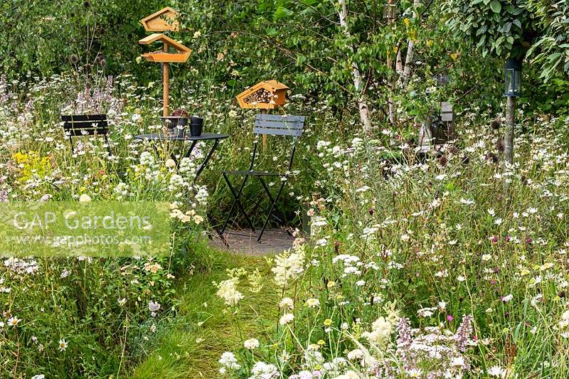 A seating area in a naturalistic garden with wild flowers, providing a habitat for wildlife, birds, insects and bees. RHS Hampton Court Palace Garden Festival 2019.