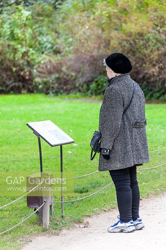 Visitor reading explanatory board. Aptekarsky Ogarod. Translation: The Old Apothecary's Garden. Moscow, Russian Federation in September.