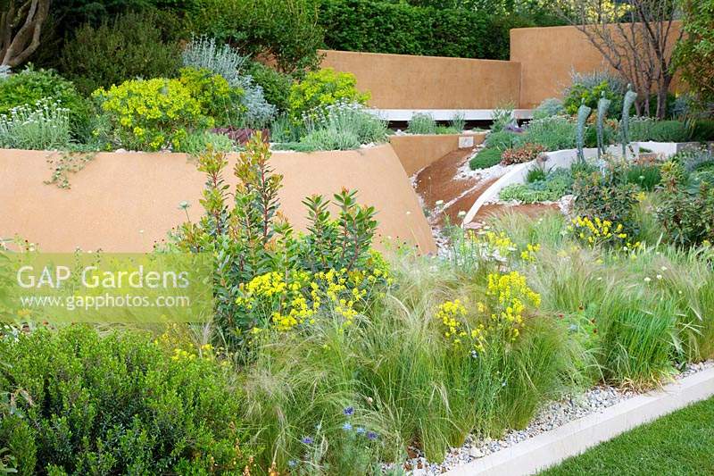 The Dubai Majilis Garden, view of the garden with planting which includes Isatis tinctoria, Stipa pennata and Myrtus communis - Sponsor: Dubai.