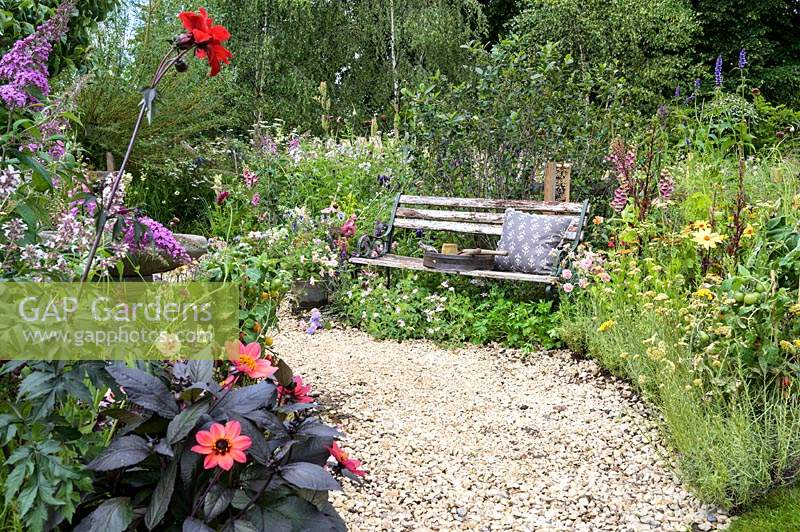 Wooden bench and overgrown flower borders along gravel path -The BBC Spring Watch Garden - RHS Hampton Court Festival - Design: Jo Thompson in consultation with Kate Bradbury