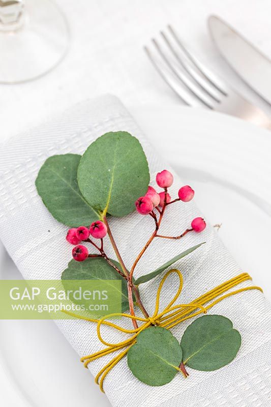 Napkin decorated with Eucalyptus, string and Sorbus - Rowan - berries