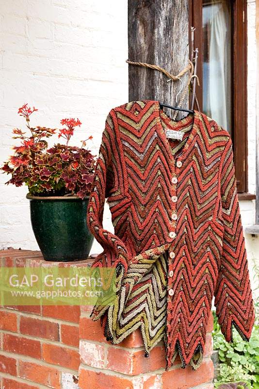 'Zigzag' jacket by Alison Ellen Hand Knits with and influenced by Pelargonium 'Vancouver Centennial' in it's design