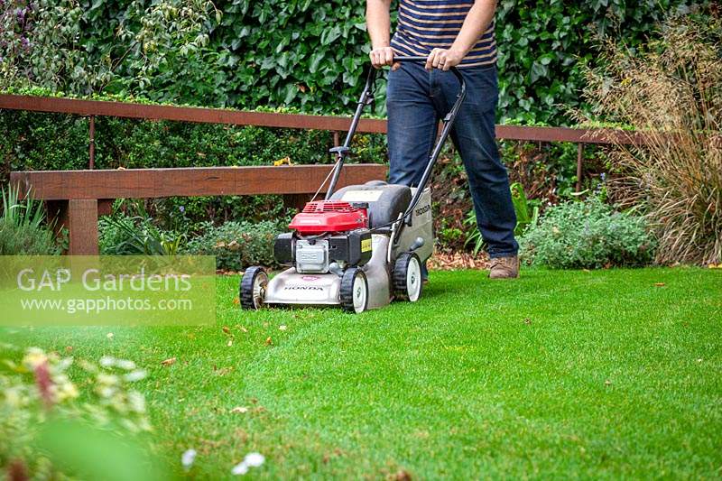 Mowing a lawn with a petrol lawnmower