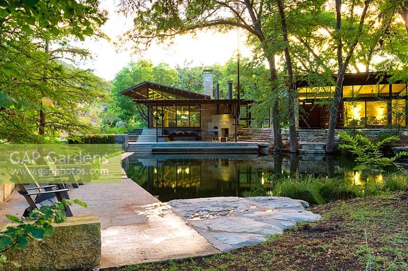 Swimming pool at Mill Creek Ranch in Vanderpool, Texas designed by Ten Eyck Landscape Inc, July.