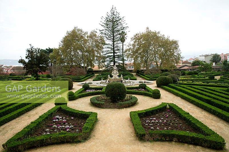 Jardim Botanico da Ajuda - Ajuda Botanical Garden, Lisbon, Portugal, created in 1768, Baroque geometrical box garden with,central fountain with 40 spouts. Baroque side and central stairways, plants and seeds from all over the world. Late autumn.  