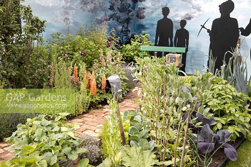 Vegetables and perennials in 'An Imagined Miner's Garden', designed by Colin and Mary Bielby at RHS Chatsworth Flower Show, 2019.
