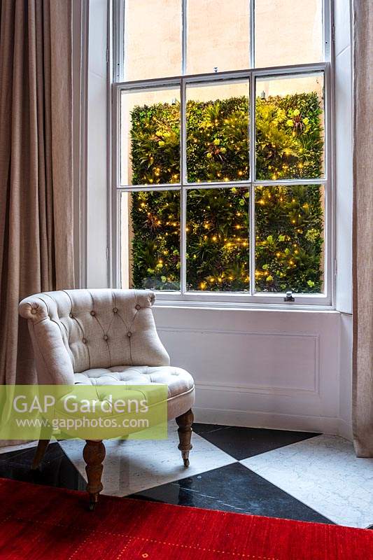 View from the house through closed window to illuminated green wall 