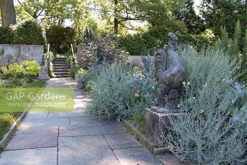 Path leading to steps. Border planting to one side in shades of silver-blue with coral accents and stone rooster. Chanticleer Garden