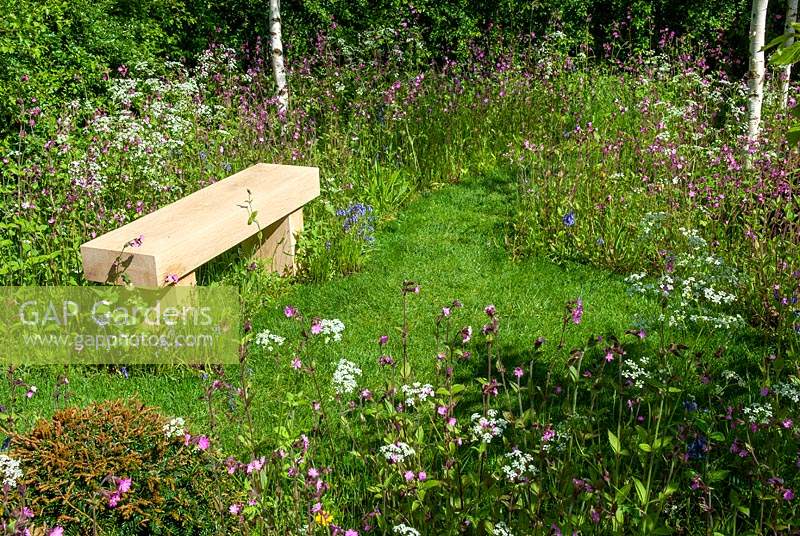 Woodland clearing with bench and surrounding wildflowers including Silene dioica and Anthriscus sylvestris, common names Pink Campion and Cow Parsley - RHS Malvern Spring Festival