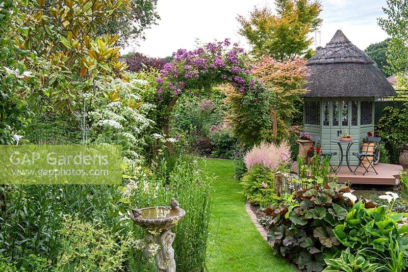 Sixth-of-an-acre, irregular plot has an arch clad in Rosa 'Veilchenblau' framing view of herbaceous borders. A thatched  summerhouse and deck overlook a bog garden and pond. To left, Ammi majus stands beneath magnolia.