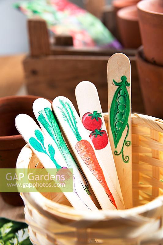 Decorated Ice lolly sticks as vegetable labels