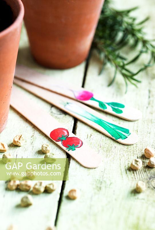 Decorated ice lolly sticks as vegetable labels next to seeds and pots