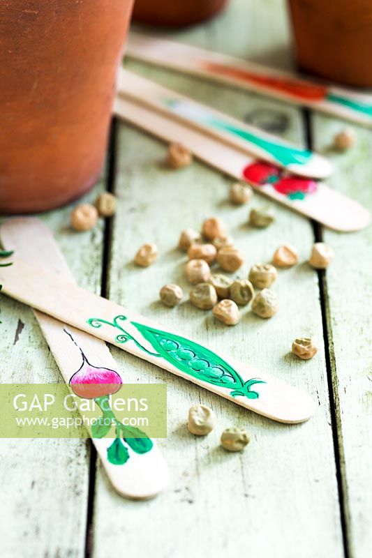 Decorated ice lolly sticks as vegetable labels