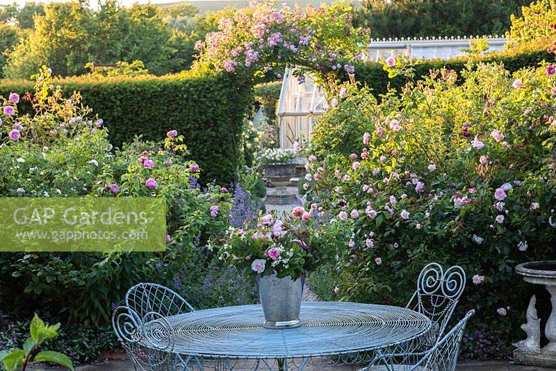 Table and chairs in classic rose garden with Rosa 'Jacques Cartier' and  'Fantin Latour'. Rosa 'Laure Davoust' over arch.