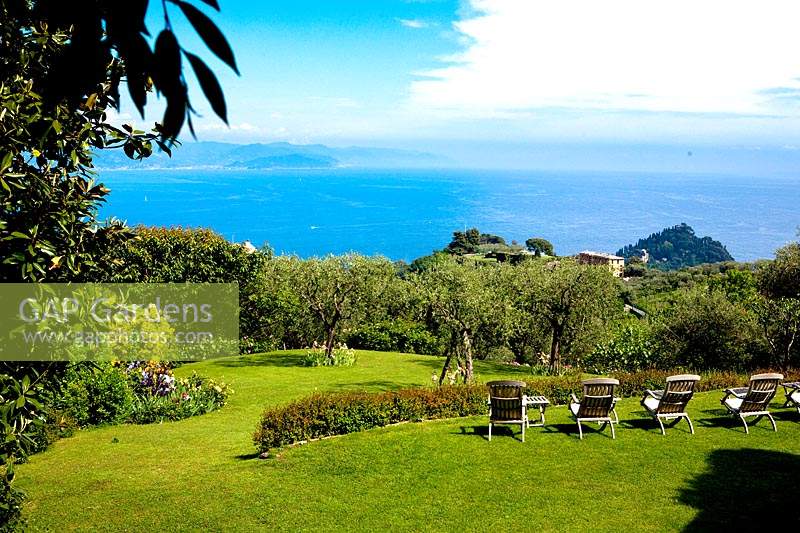 View over the garden to the Mediterranean Sea. 