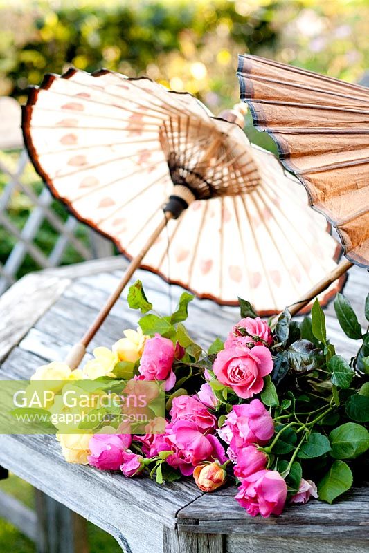 Freshly cut flowers from the garden displayed on the garden table with a parasol