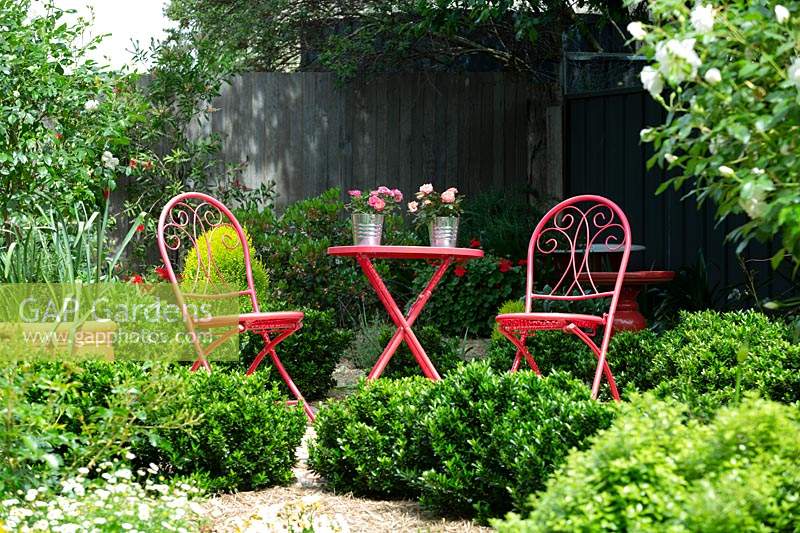 Red, metal table and chairs in garden, with low informal border of Japanese Box plants.