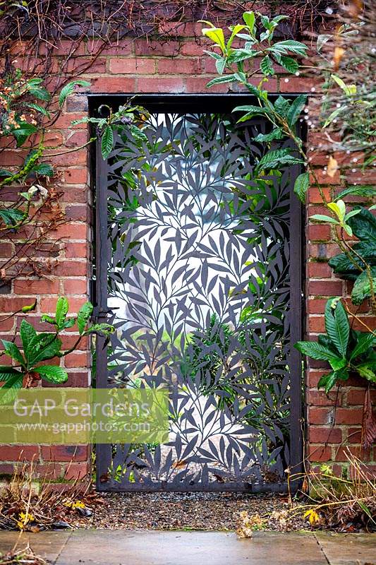 Ornate metal gate at Cogshall Grange, Cheshire.
