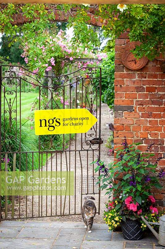 National Gardens Scheme garden open for charity sign on gate - with cat