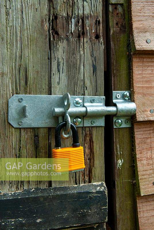 Padlock on shed door for garden security - Open Gardens Day, Grundisburgh, Suffolk