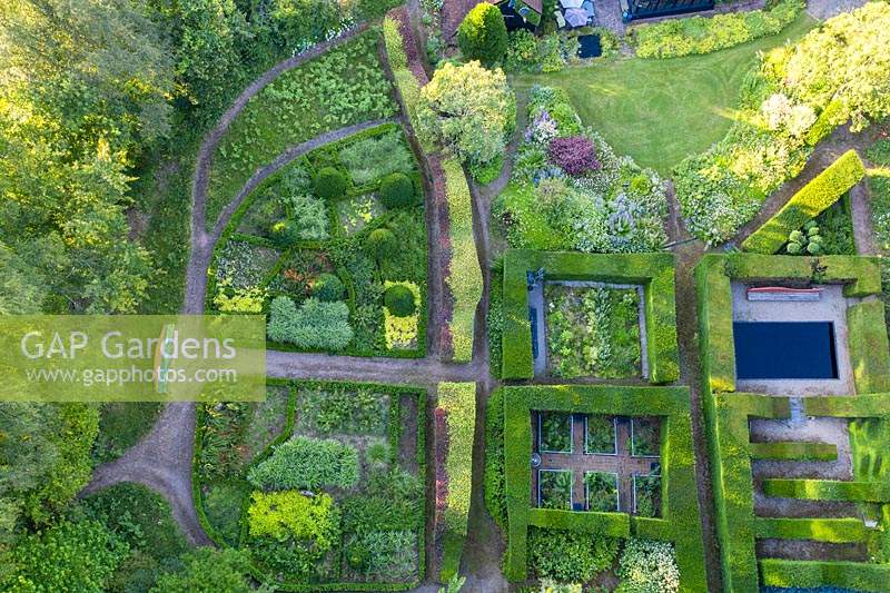 View over Hedge Gardens and Grasses Parterre. Monmouthshire, Wales, UK.  Image taken from drone. The garden has been created since 1987 by garden writer Anne Wareham and her husband, photographer Charles Hawes.