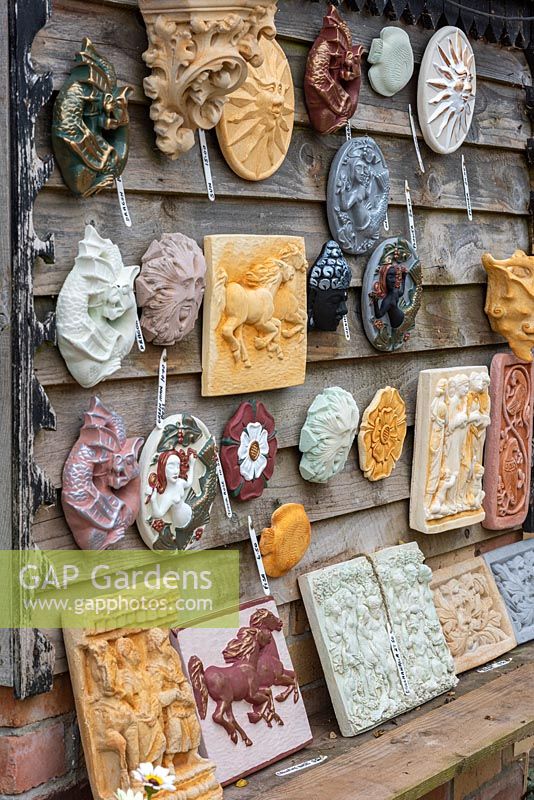 Garden Stone Art, a range of wall plaques handmade at Hilltop garden from reconstituted stone.