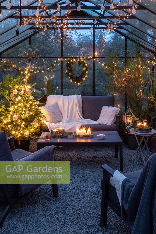 Lounge furniture inside greenhouse decorated for Christmas with tree, fairylights and candles