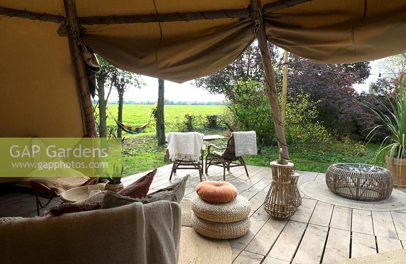 Spacious, luxuriously furnished tipi tent with view. 