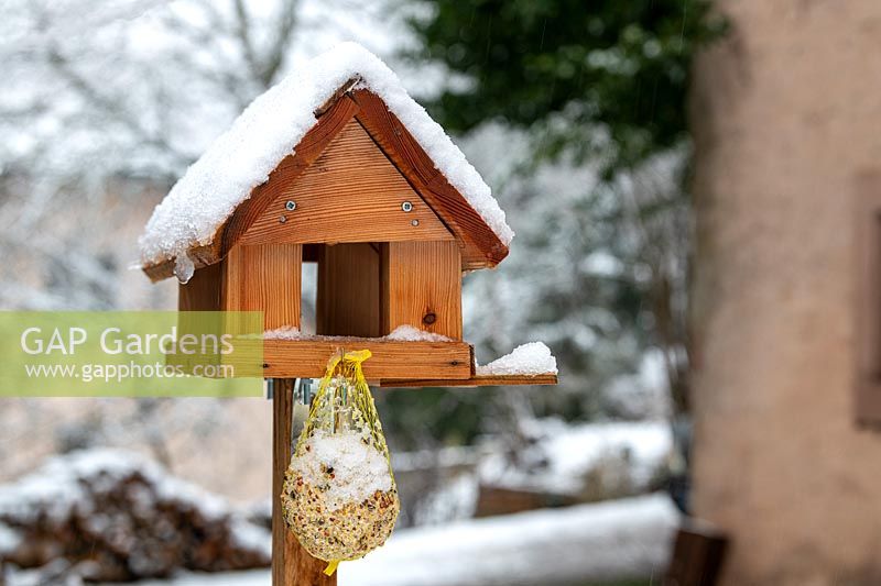 Bird feeder under the snow in winter