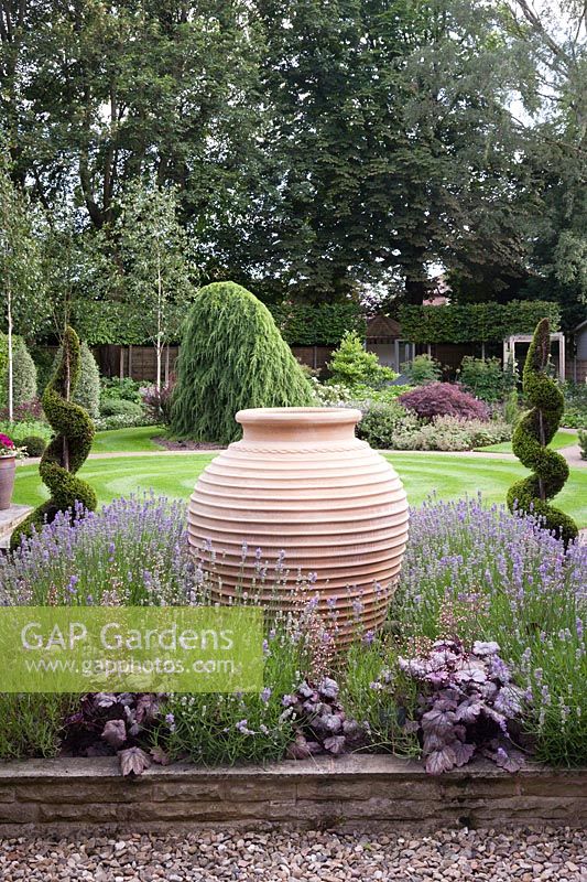 View across garden with large decorative terracotta pot surrounded by Heuchera 'Silver Scrolls', Lavandula angustifolia and yew topiary spirals to lawn with flowerbeds containing Acers, Pinus, Larix, Pittosporum and white stemmed birches - July, Cheshire