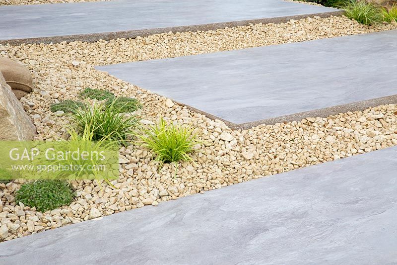 Large stone paving slab stepping stones with gravel bed planted with Carex morrowii. Cactus Direct Garden at RHS Tatton Park Flower Show, 2017. Designers: Michael McGarr at Warnes McGarr and Co.