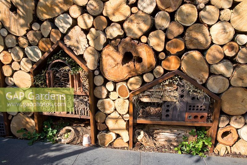 Wildlife friendly garden with a wall made from logs with insect hotels habitat for pollinators made with old bricks, twigs, tiles, cardboard, straw, dead grass, hollowed bamboo canes, pine cones and tree bark with alpine strawberry plants. The Family Garden. RHS Hampton Court Flower Show July 2018 - Designer: Lilly Gomm - Sponsors Practicality Brown, Marshalls, The Tree Company 