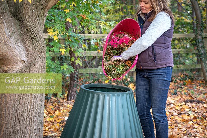 Empting shredded material into a compost bin.