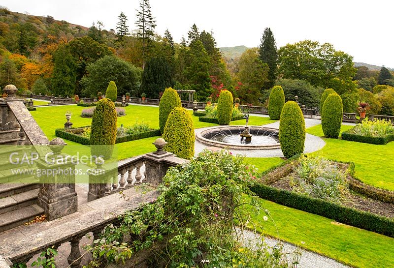 A view of the terrace garden designed by Thomas Mawson,at Rydal Hall in autumn. 