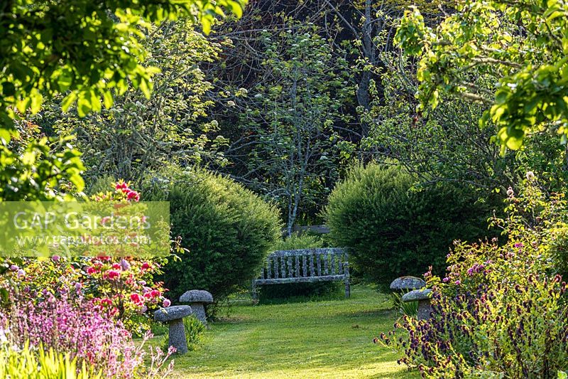 View along mixed borders with staddle stones lining path to wooden bench