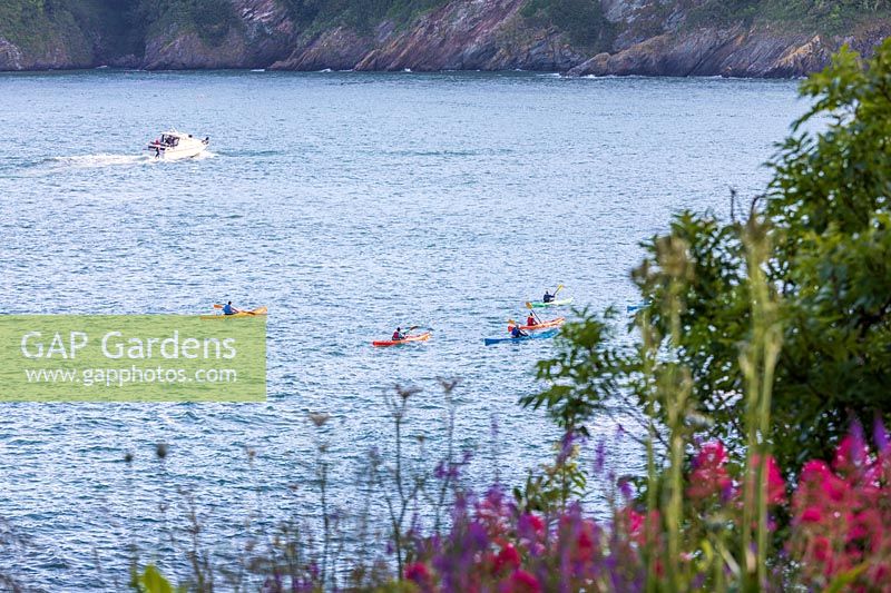 View from garden out to sea with people in kayak and speed boat