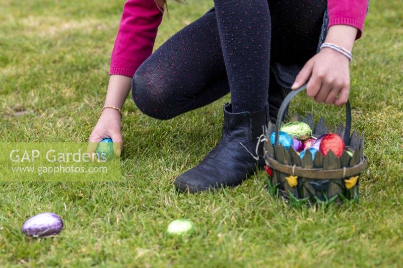 Child collection colourful chocolate eggs in basket at Easter
