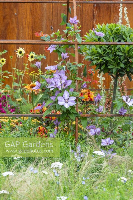 Canal  and  River Trust: Message in a Bottle.  A rusted iron, bottle-shaped frame filled with a thriving garden of clematis, rudbeckias, salvias and coneflowers.