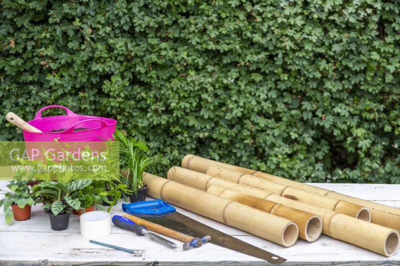 Bamboo, hand saw, hammer, chisel, masking tape, pencil, compost and a variety of small plants laid out on a table