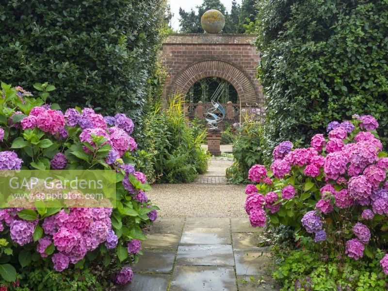 Mop head pink hydrangeas in border and brick archway leading to the sunken garden East Ruston Old Vicarage Norfolk