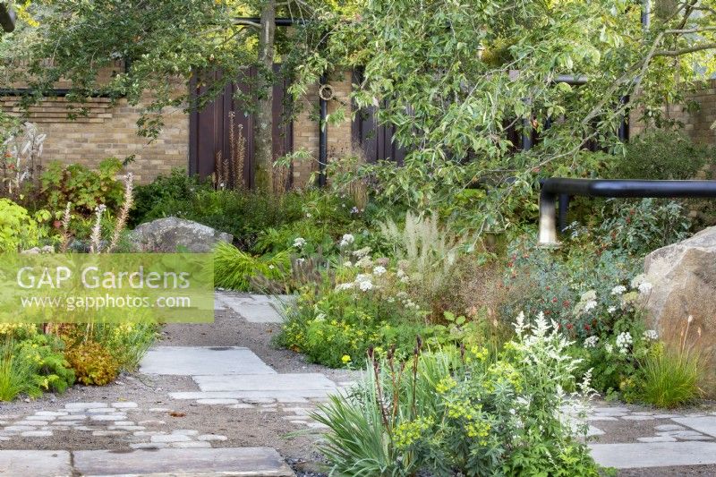 The M and G Garden. Paved area with a mix of gravel and paving for improved drainage. Featuring urban industrial decorative pipework. Autumn planting combination including Acanthus hungaricus 'White Lips', Euphorbia wallichii, Sporobolus heterolepis, Rosa glauca, and Artemisia lactiflora.