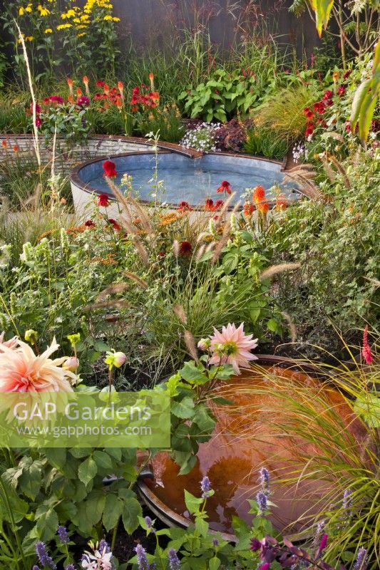 A rill flowing into a pool surrounded with colorful planting including Echinacea 'Eccentric', Persicaria amplexicaulia 'Fire Dance' Erigeron 'Lavender Lady, Dahlia 'Black Narcissus', Sedum 'Jose Aubergine', Pennisetum,  Kniphofia and Miscanthus sinensis. Finding our Way: An NHS Tribute Garden at RHS Chelsea Flower Show 2021 Design: Naomi Ferrett-Cohen